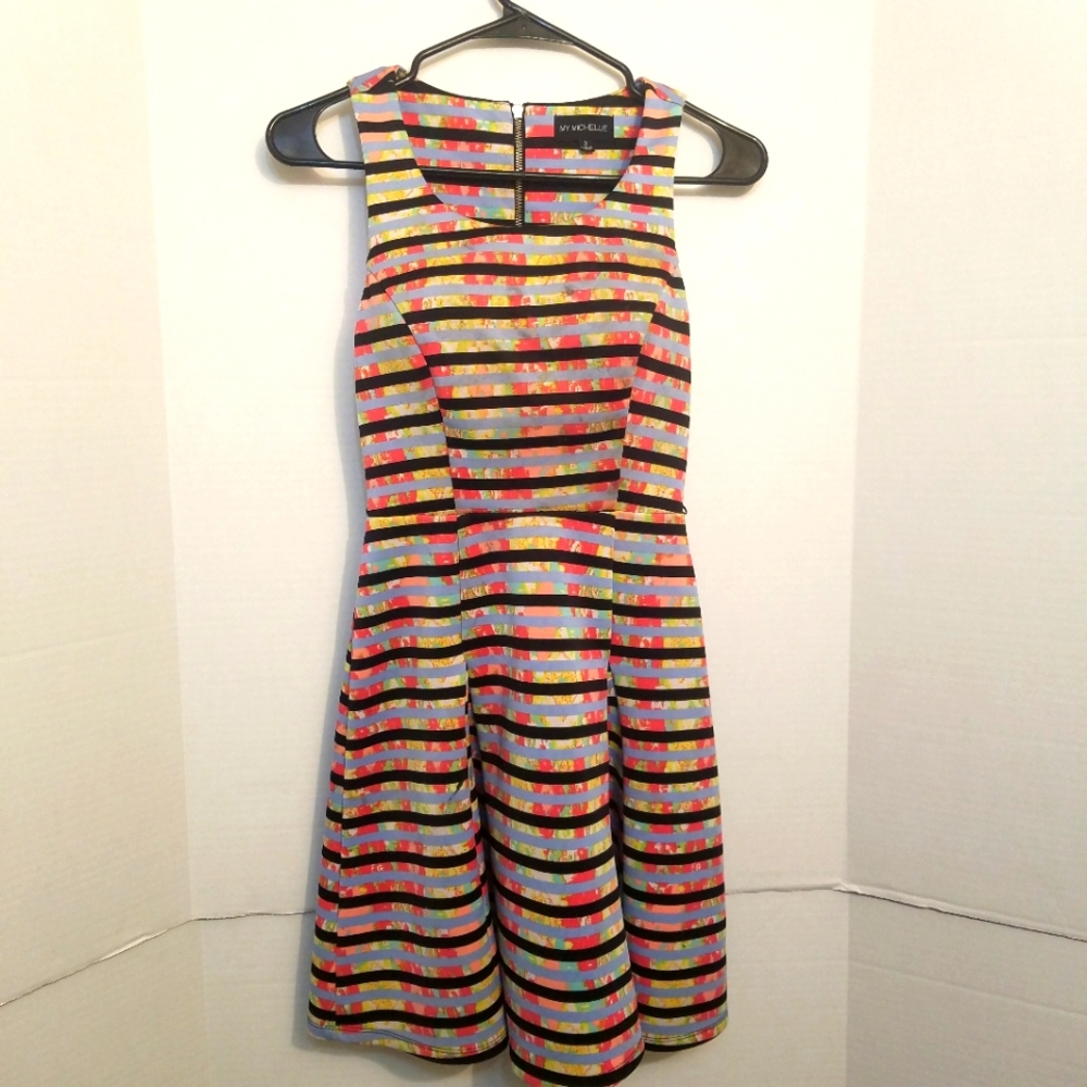 MY MICHELLE FIT AND FLARE SCUBA IKAT SKATER STRIPE PATTERN DRESS